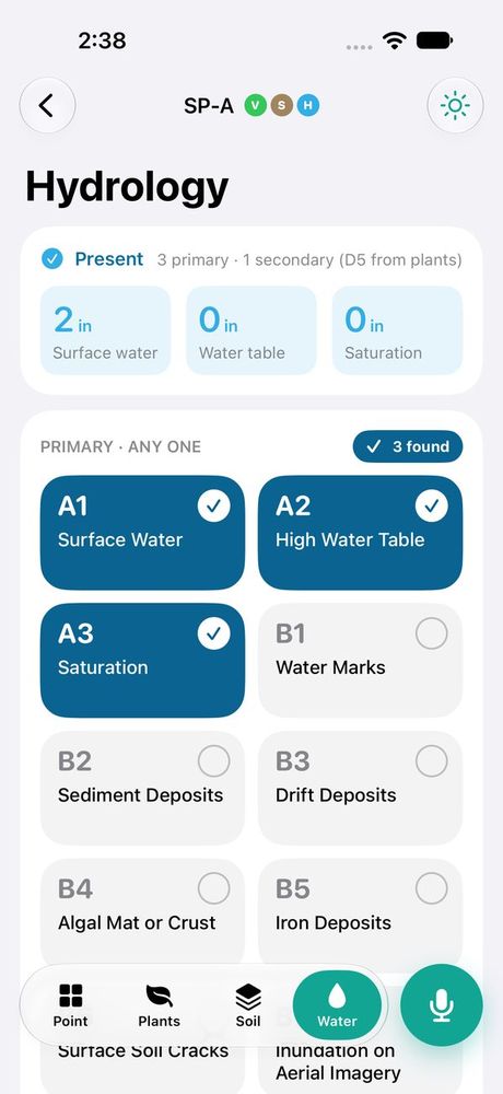 Hydrology screen for SP-A: Present, 3 primary and 1 secondary indicator, with surface water 2 inches and tiles for A1, A2 and A3 selected.