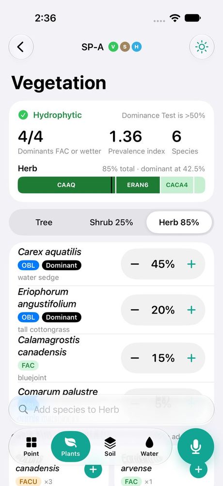 Vegetation screen for SP-A showing 4 of 4 dominants, prevalence index 1.36 and the species list.